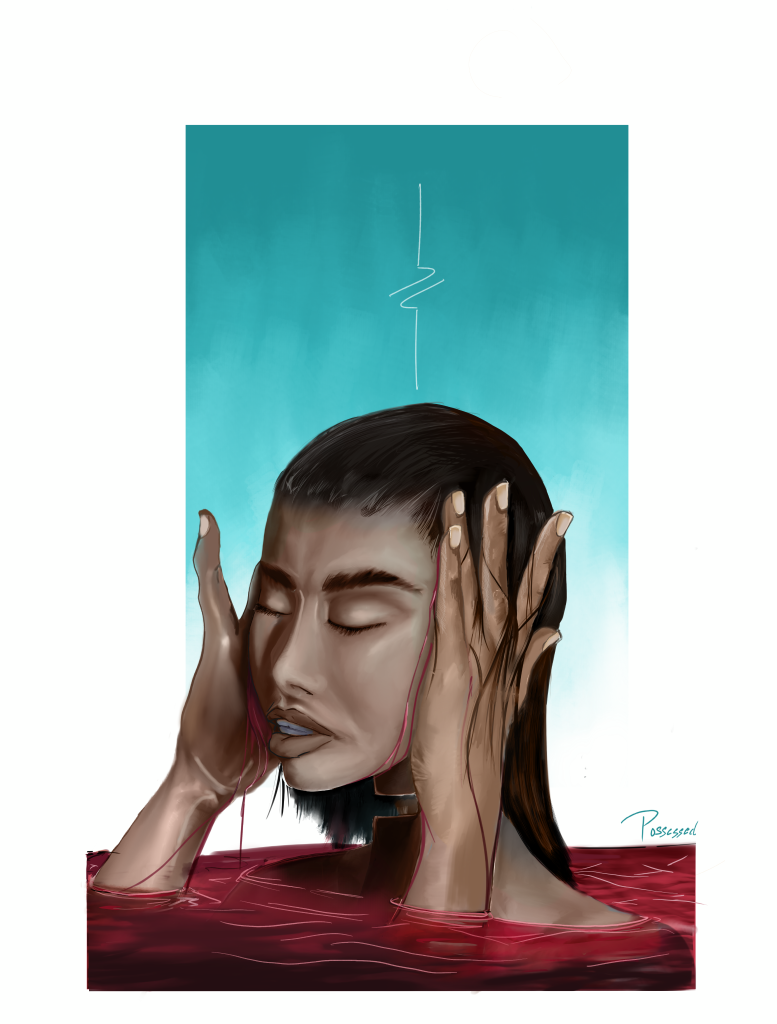 A painted portrait with closed eyes and both hands beside the face, red water across the shoulders, and a turquoise rectangle behind.