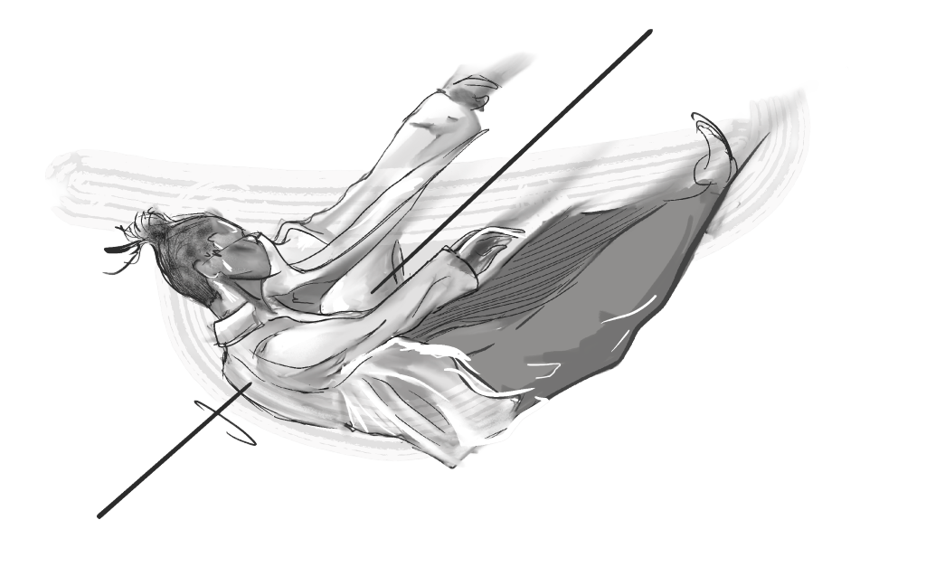 A reclining monochrome figure extending diagonally with long white strokes and a dark line crossing the pose.