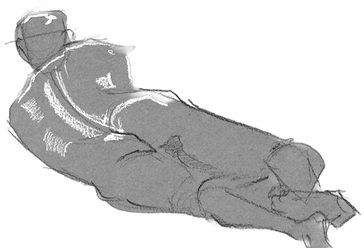 Reclining figure extending diagonally across the page, with chalk highlights along the back.