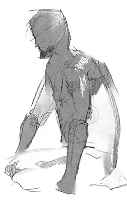 Seated figure in profile, torso upright and hands supporting the pose.