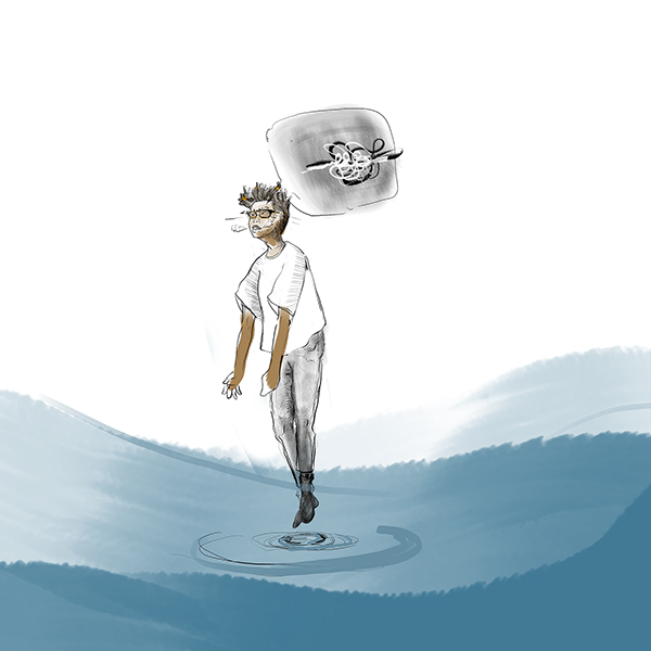 A suspended illustrated figure above rippling blue water, with a pale floating thought-like shape above the head.