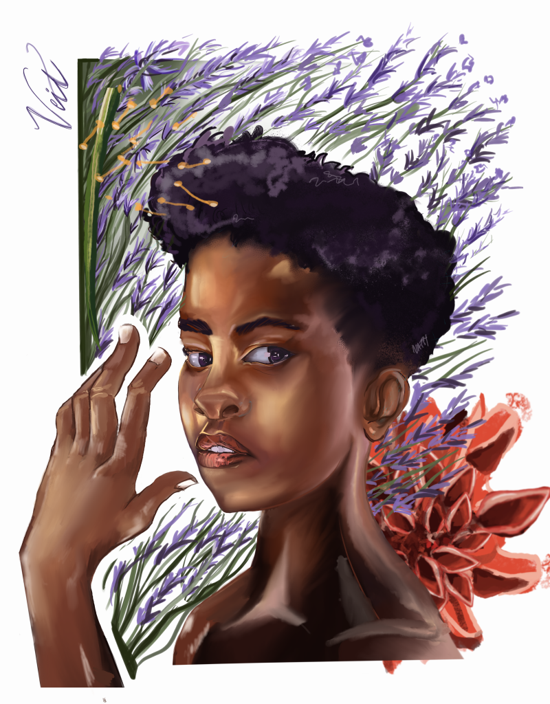 A digital portrait with dark textured hair, a raised hand, purple flowers, red petals, and a green frame.