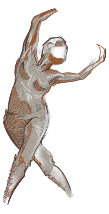 A small figure with crossed legs and both arms raised outward, drawn in warm brown and white marks.
