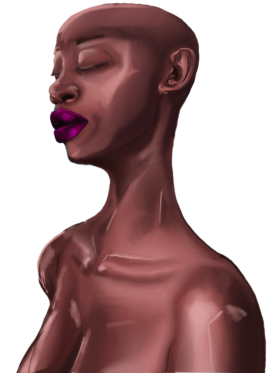 An isolated digital portrait with closed eyes, a turned head, purple lips, and warm reddish skin tones.