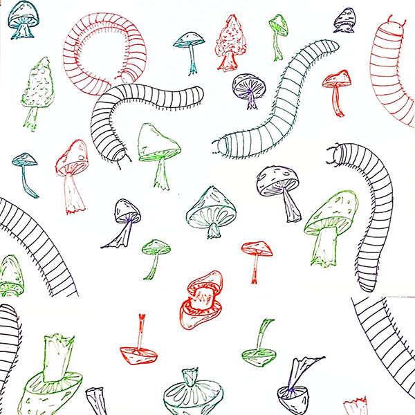 A pattern of loosely drawn mushrooms and curved segmented forms in red, green, blue, and black.