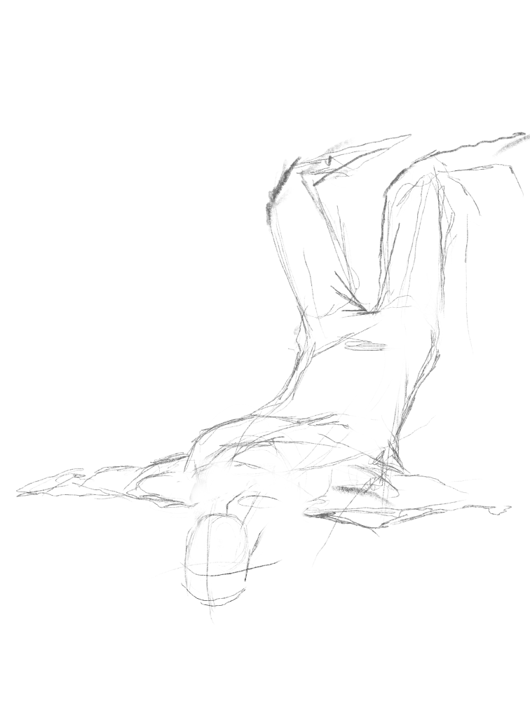 A loose pencil drawing of a reclining figure with arms extended and legs raised, on a white page.