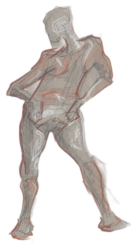A standing figure with hands at the waist, graphite outlines, ochre accents, and white chalk highlights.