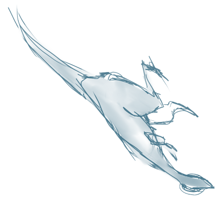 A loose blue drawing of a bird extending diagonally, its wings spread and feet gathered.