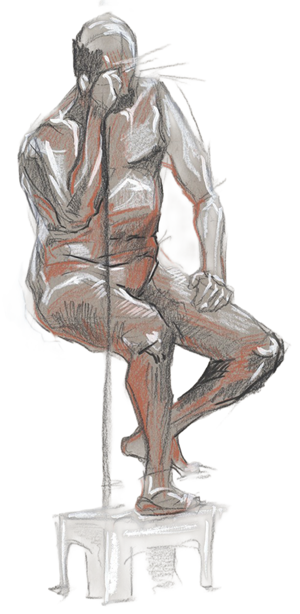 A back-facing figure seated on a stool beside a vertical pole, with one knee bent and chalk highlights along the back.