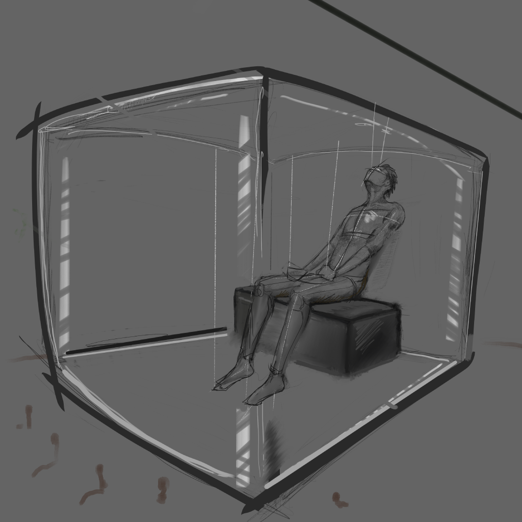 A figure seated on a dark box within a loosely drawn transparent room, with shafts of white light.