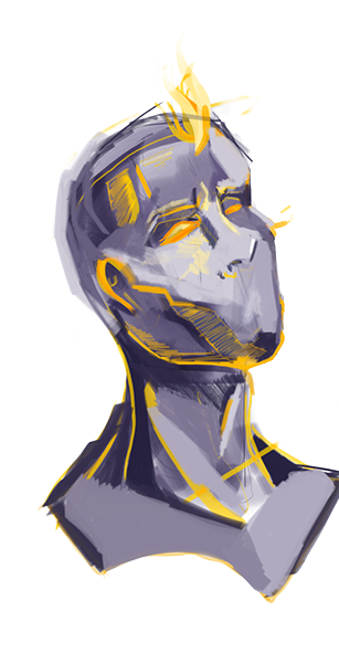 A violet-toned angular head and shoulders with bright gold lines and flame-like marks.