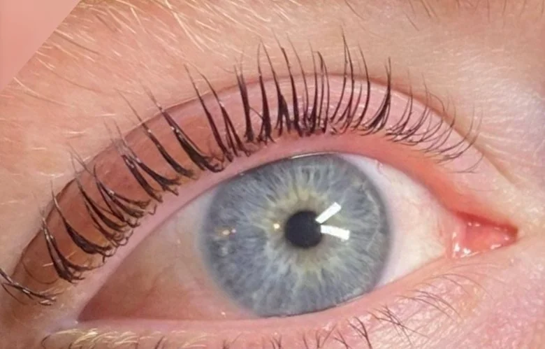 Lashes after a lash lift and tint — curled and darkened.