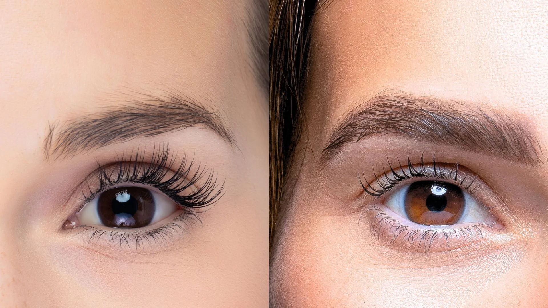Side-by-side comparison of lash extensions versus a lash lift.