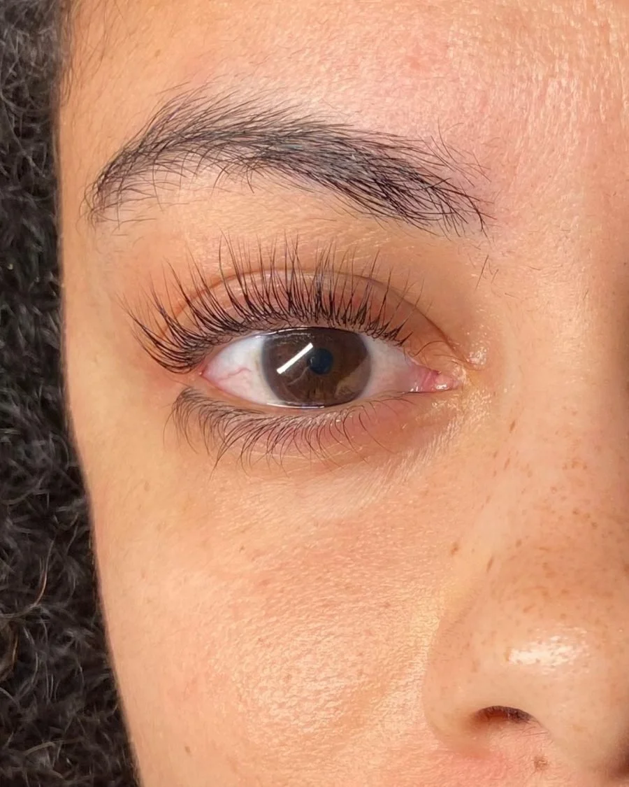 Lashes after a lash lift — lifted and curled.