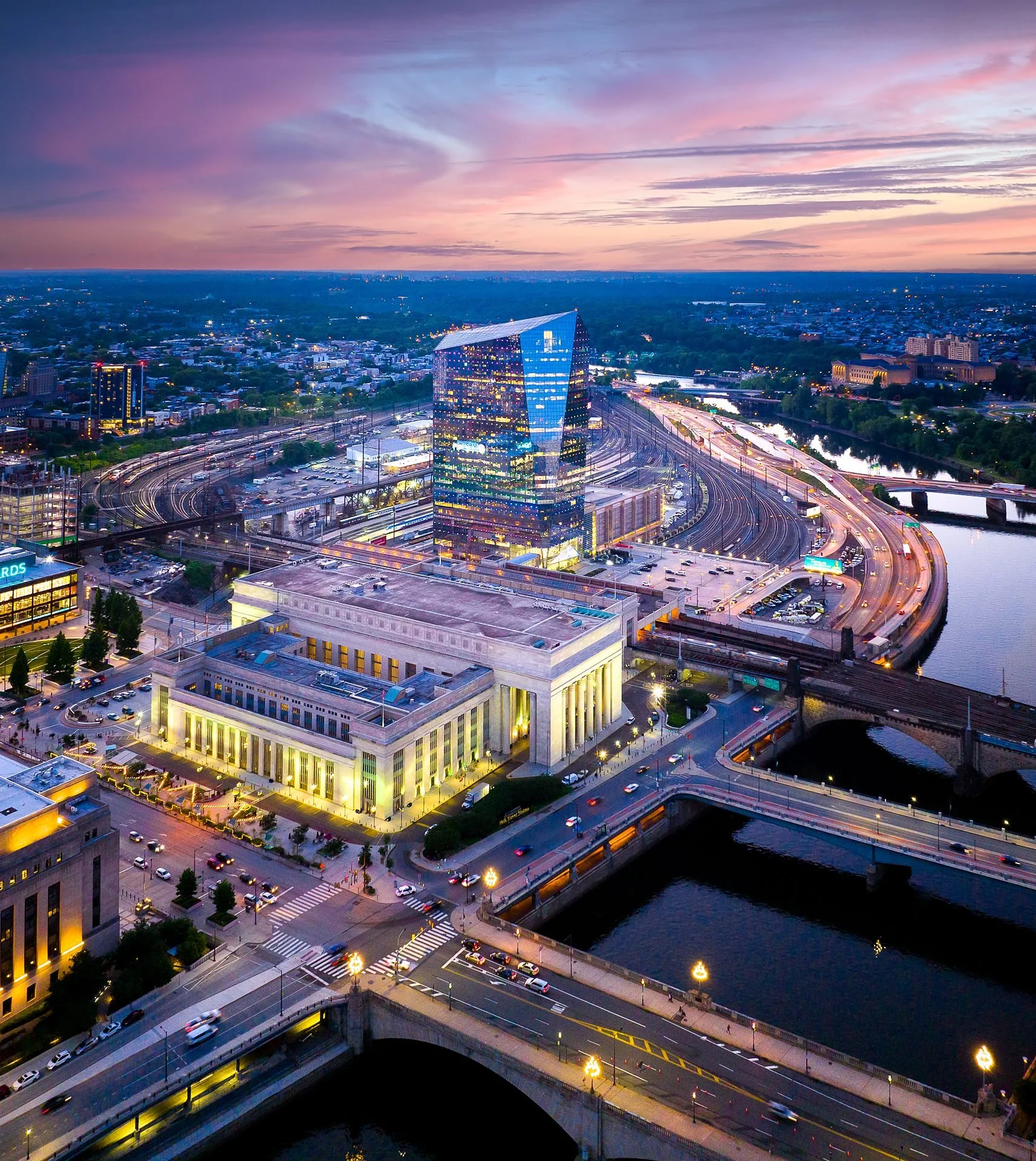 Aerial view of 30th Street Station and Philadelphia photographed by Studio Basel Media