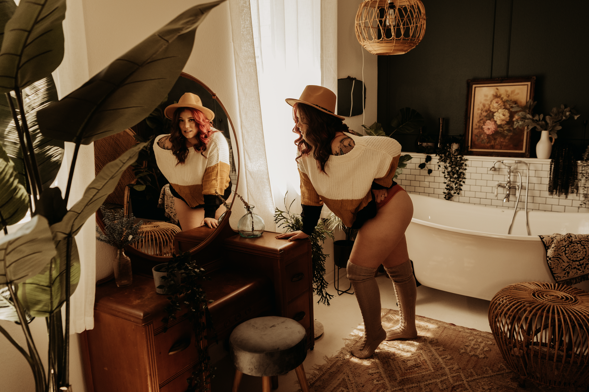 Editorial boudoir detail with plants and soft textures