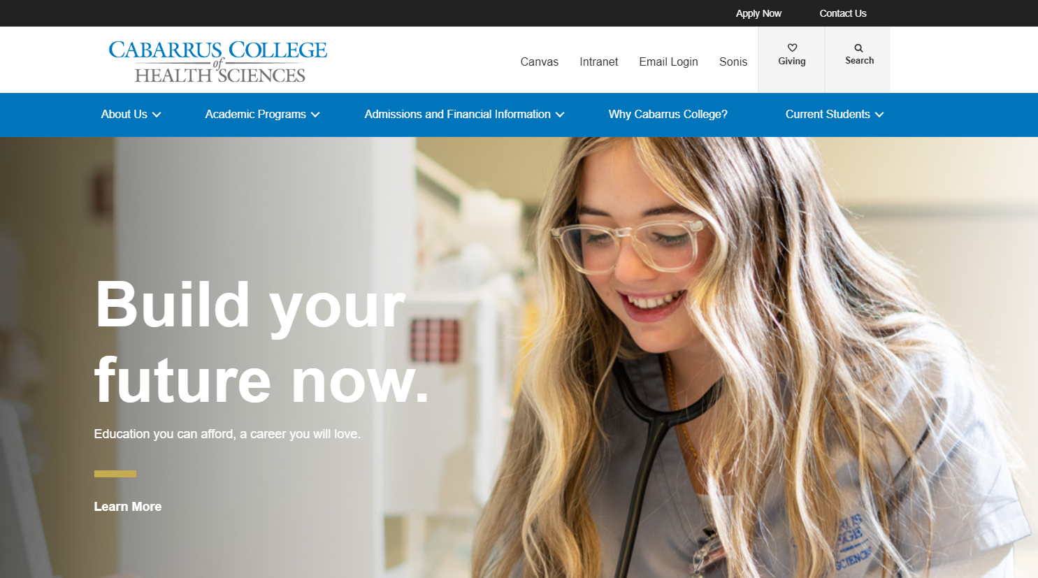 Cabarrus College of Health Sciences homepage featuring a healthcare student and navigation for academic programs, admissions and current students.