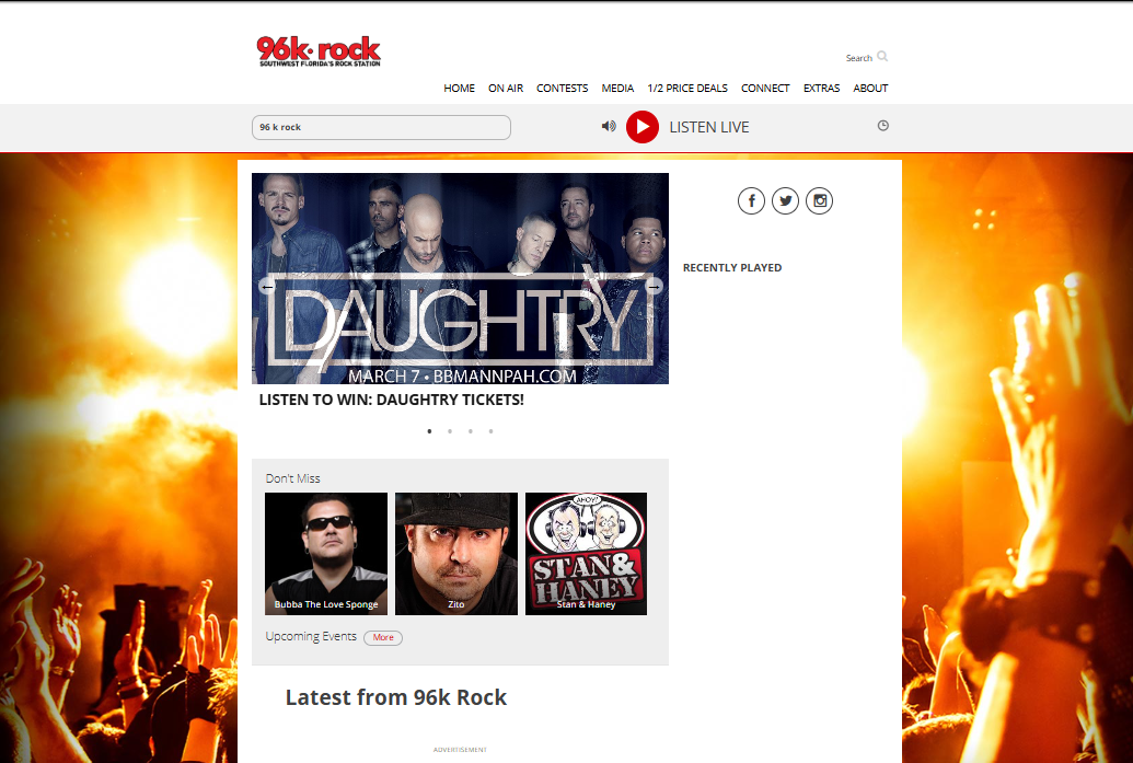 96k-rock homepage with a concert-crowd background, a Daughtry ticket promotion, on-air personalities and live listening.
