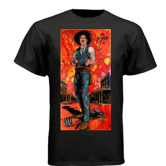 Black t-shirt printed with Cody Kuehl's One for Each of You painting and the Go West Film Festival logo