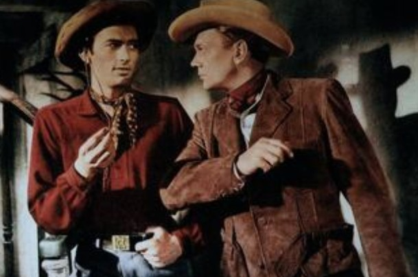 Gregory Peck as Lewt McCanles and Joseph Cotten as Jesse McCanles in a tense confrontation from the 1946 western Duel in the Sun