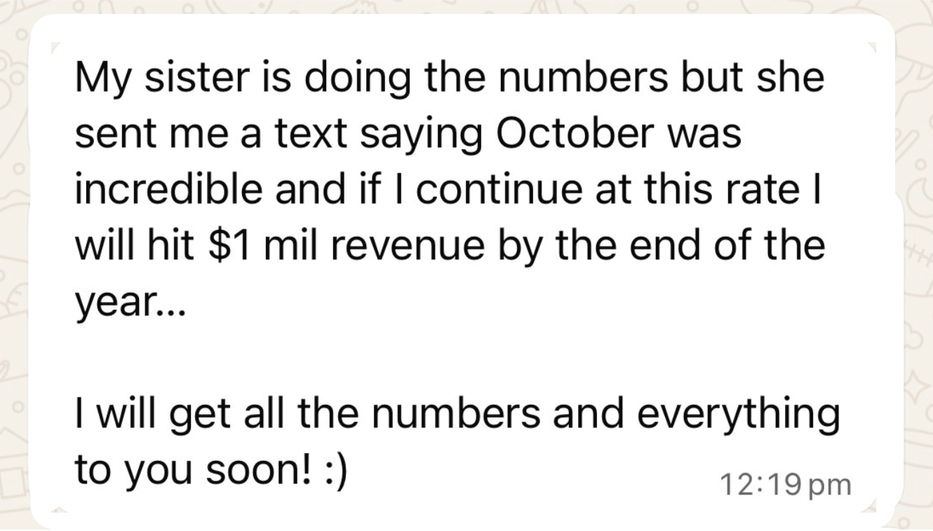 Private client message confirming the business was on track for approximately $1M in annual revenue, from private coaching with manifestation coach Juliette Kristine