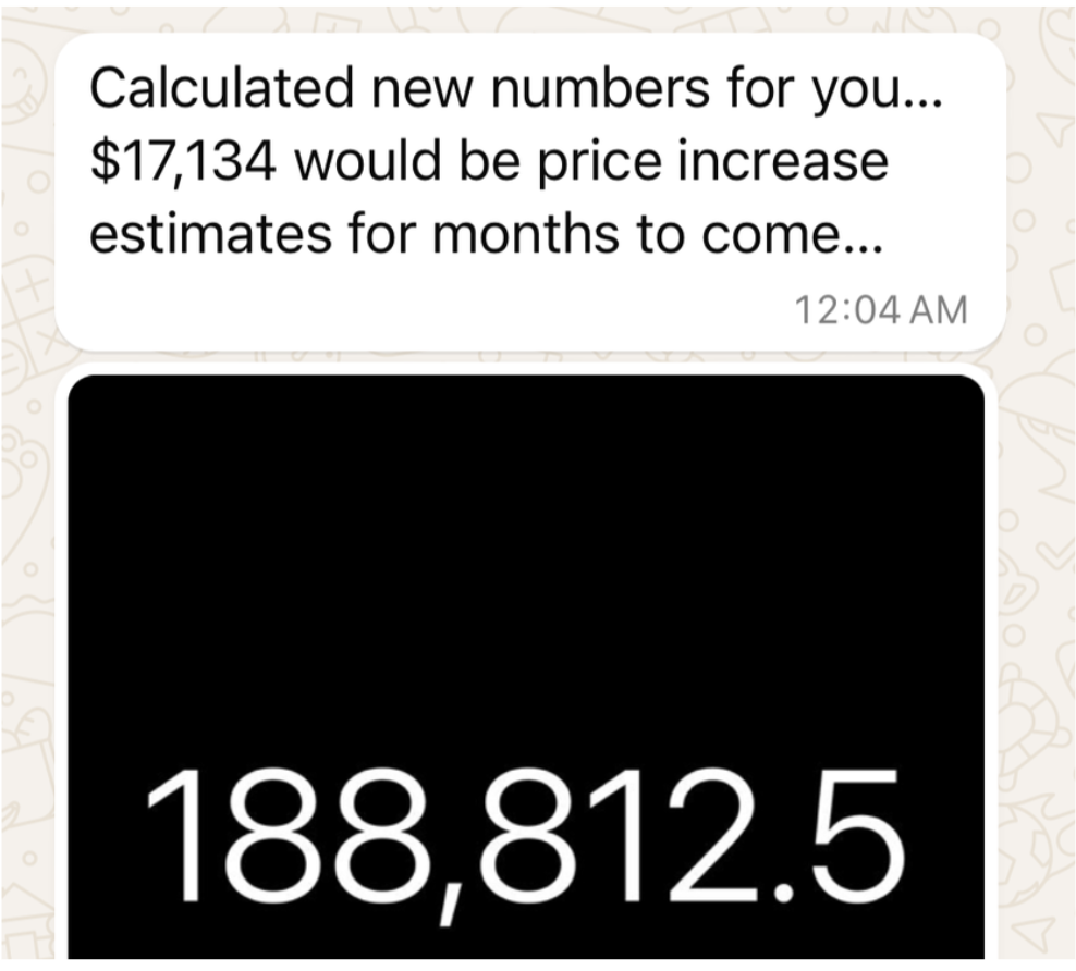 Message showing a starting point of $188K, part of a private coaching journey with manifestation coach Juliette Kristine