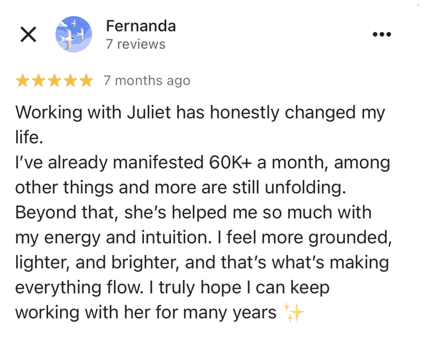 Google review from Fernanda describing consistently manifesting $60K+ months after private coaching with manifestation coach Juliette Kristine