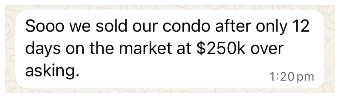 Private coaching client shares manifestation of a property sale $250K over asking after 12 days on the market.