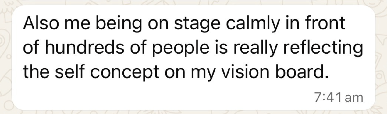 Private coaching client describes confidently speaking on stage in front of hundreds of people as reflecting her new self-concept.