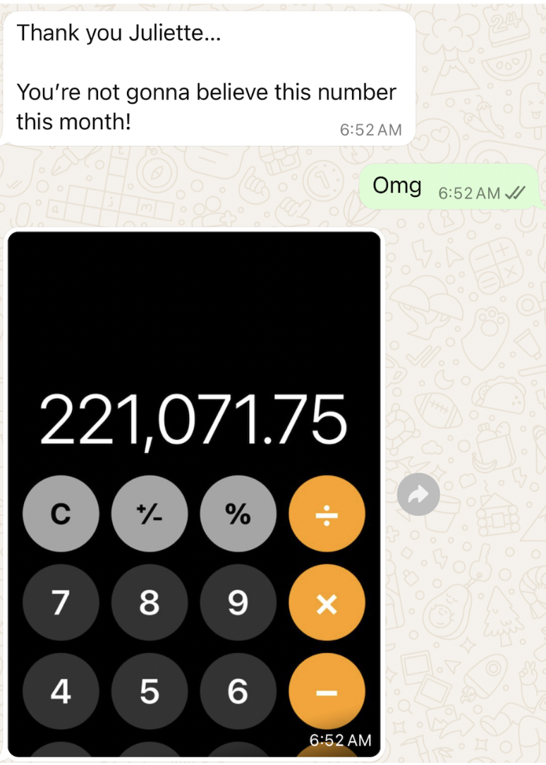 Message showing a $221K month, the first breakthrough beyond the client's original vision board goal