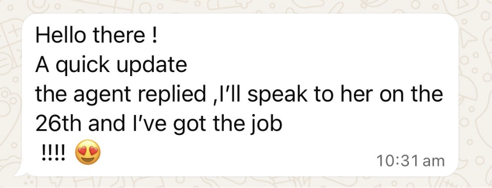 Private client message confirming she got the job with her dream director, achieved through private coaching with manifestation coach Juliette Kristine