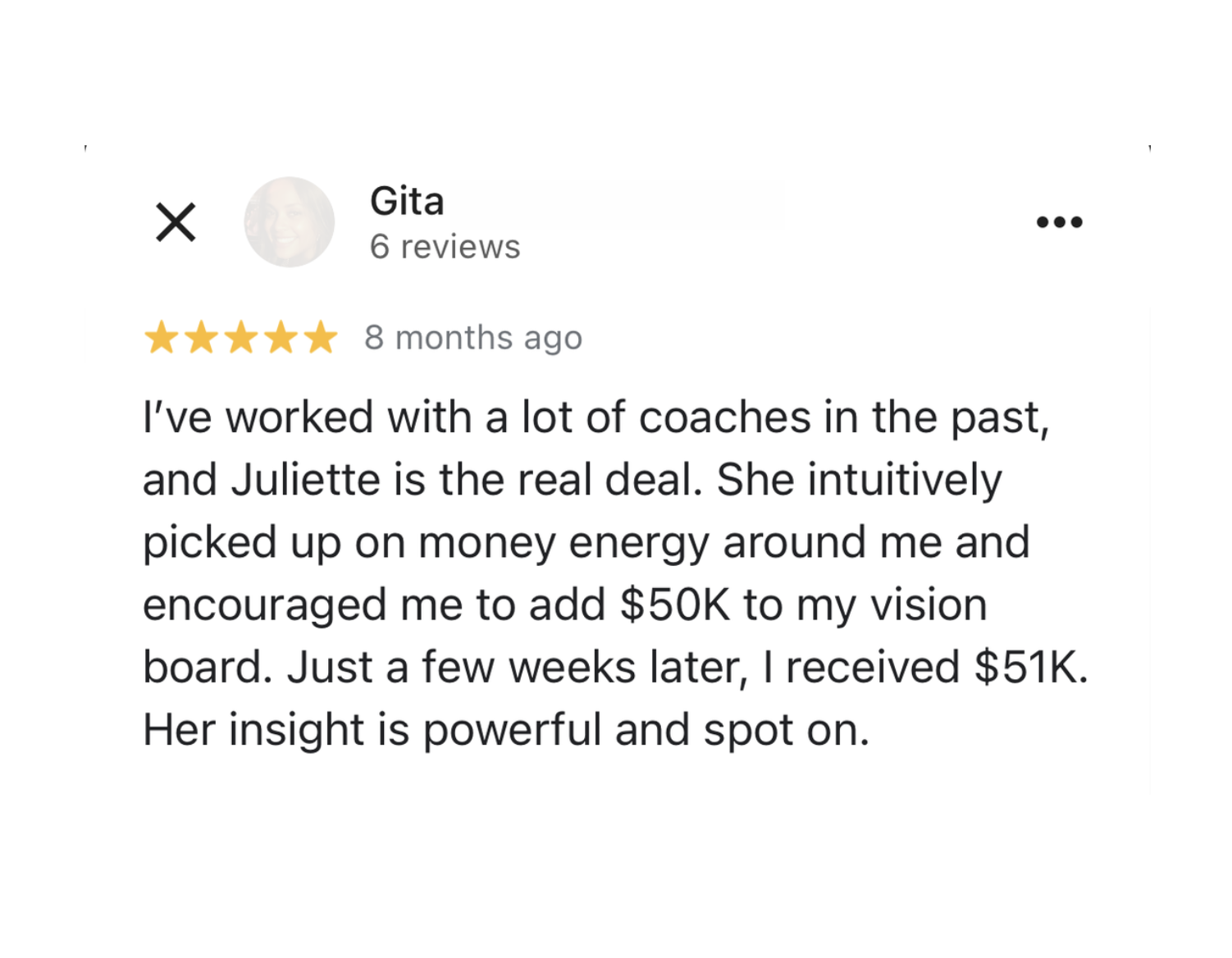 Google review describing an intuitive $50K insight from manifestation coach Juliette Kristine that led to receiving approximately $51K
