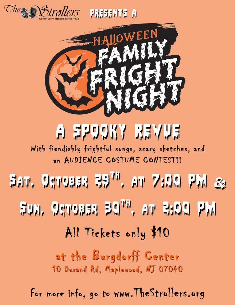 The Strollers Present Halloween Family Fright Night Flyer at the Burgdorff Theater in Maplewood, NJ
