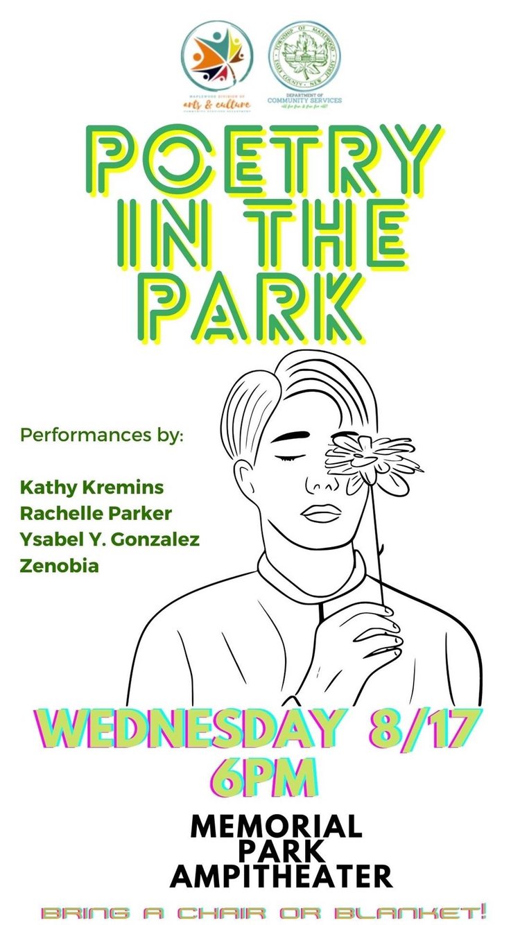 Flyer for Poetry in the Park on Wednesday 8/17 AT 6pm. 