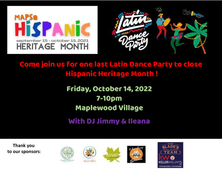Latin Dance Party Flyer October 14 at 7pm in Maplewood Village