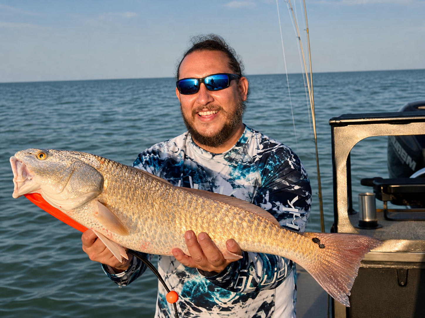 Texas Crew'd angler holding a redfish on the boat