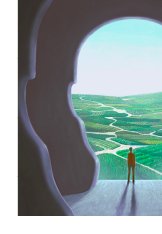 Painting of person standing in head-shaped doorway facing out toward several paths into the distance