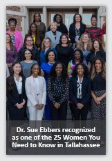 Photograph of group of women overlaid with text that reads Dr. Sue Ebbers recognized as one of the 25 Women You Need to Know in Tallahassee