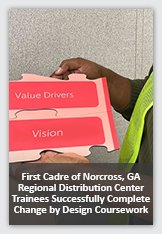 Photograph of woman in safety jacket holding large puzzle overlaid with text that reads First Cadre of Norcross, GA Regional Distribution Center Trainees Successfully Complete Change by Design Coursework