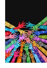 Illustration of dozens of different colored hands made of paper, uniting in a circle point