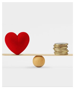 Illustration of a heart balanced on one end of a board from a pile of coins