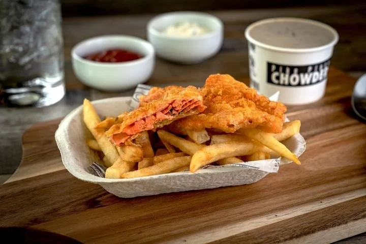 Wild salmon fish and chips