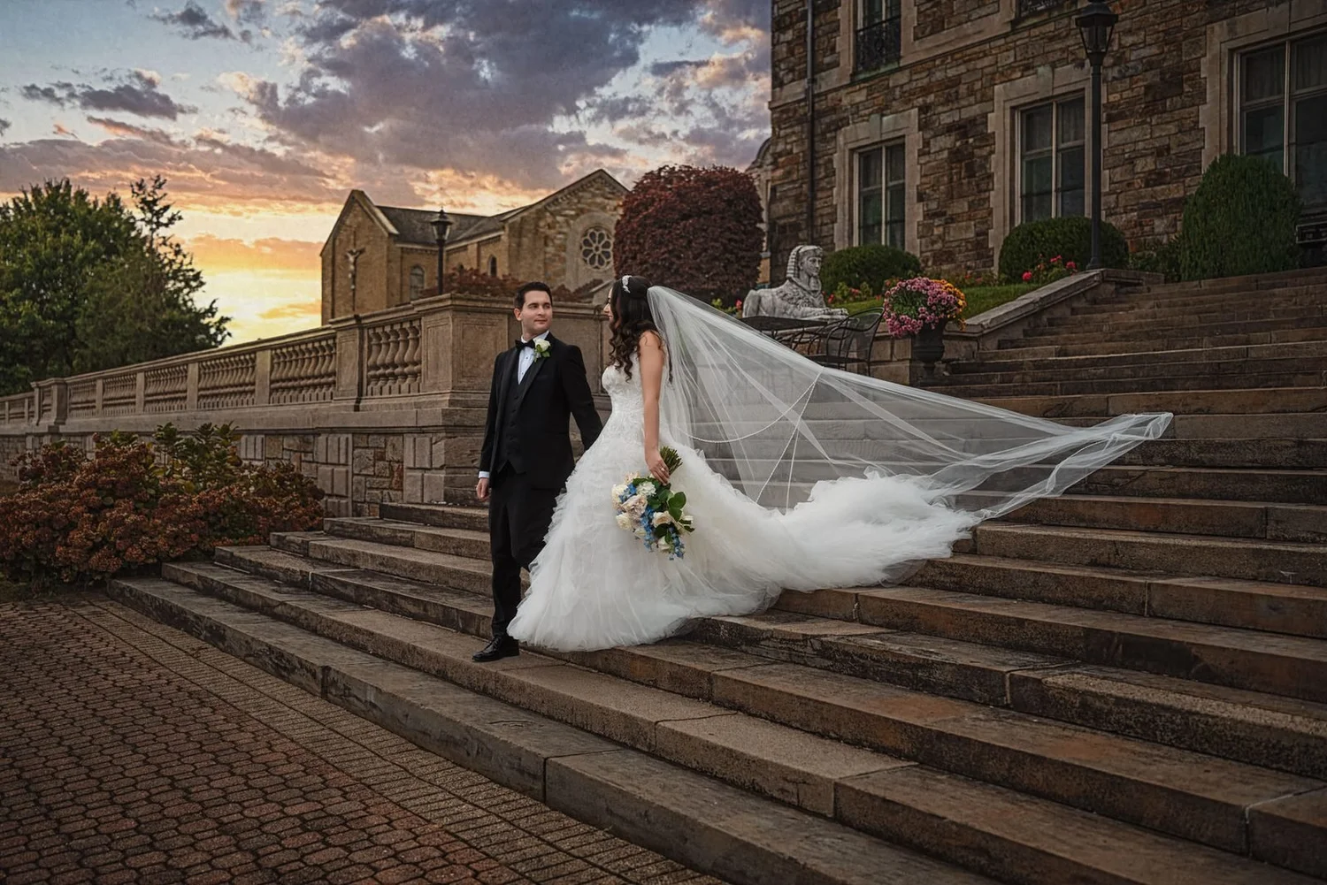 Aldrich Mansion wedding photographer, Warwick, RI — couple descending the stone terrace steps with the Our Lady of Providence Chapel at sunset