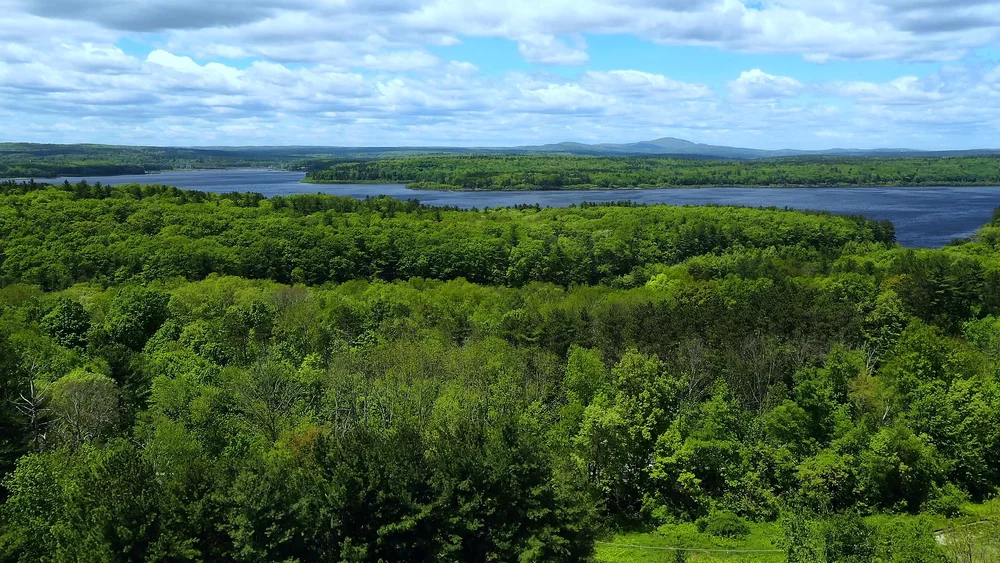 Scenic overlook of the Wachusett Reservoir and green forested valley under blue sky at Tower Hill Botanic Garden in Boylston, MA