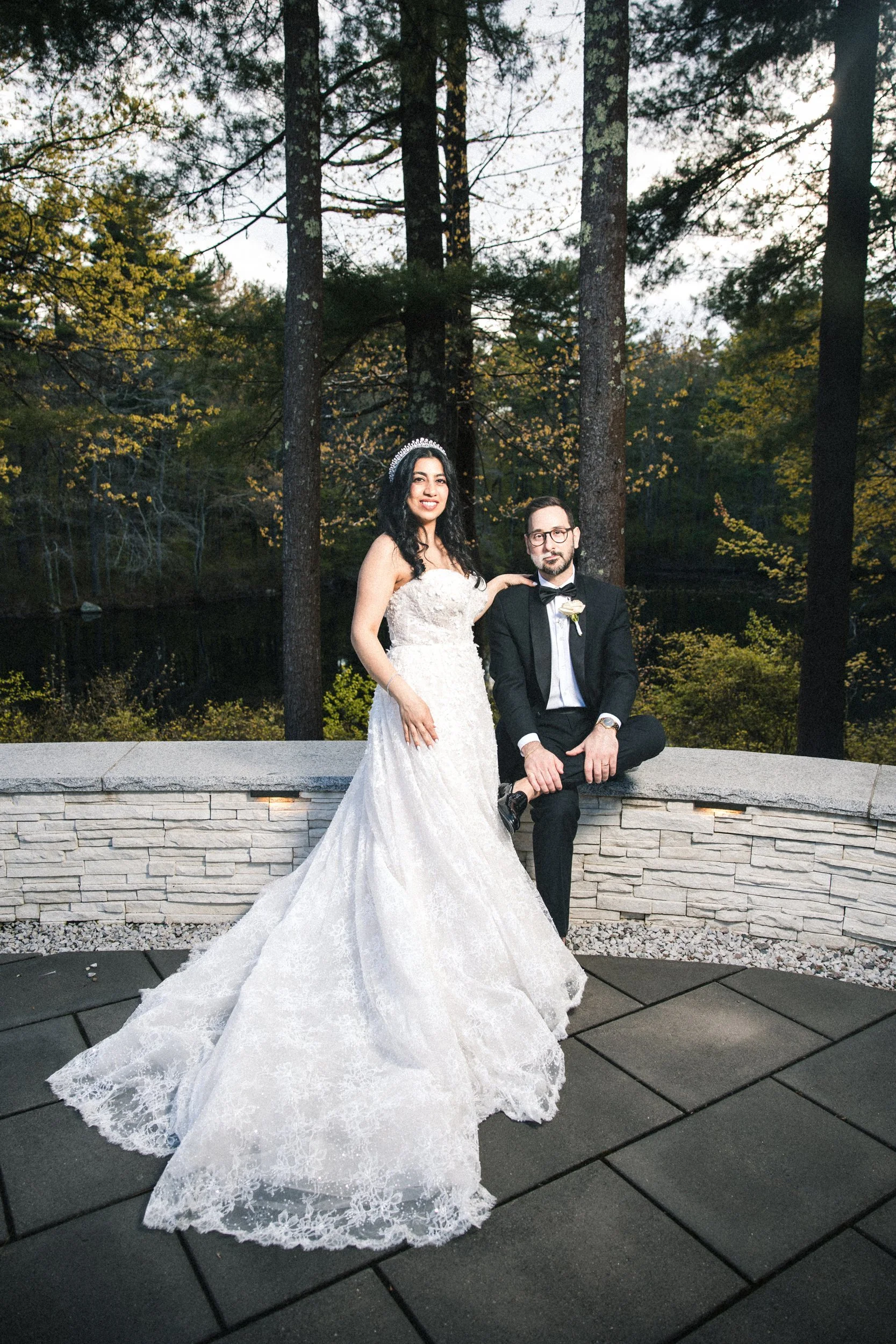 Couple in a lakeside terrace portrait at Lakeview Pavilion, Foxborough, Massachusetts