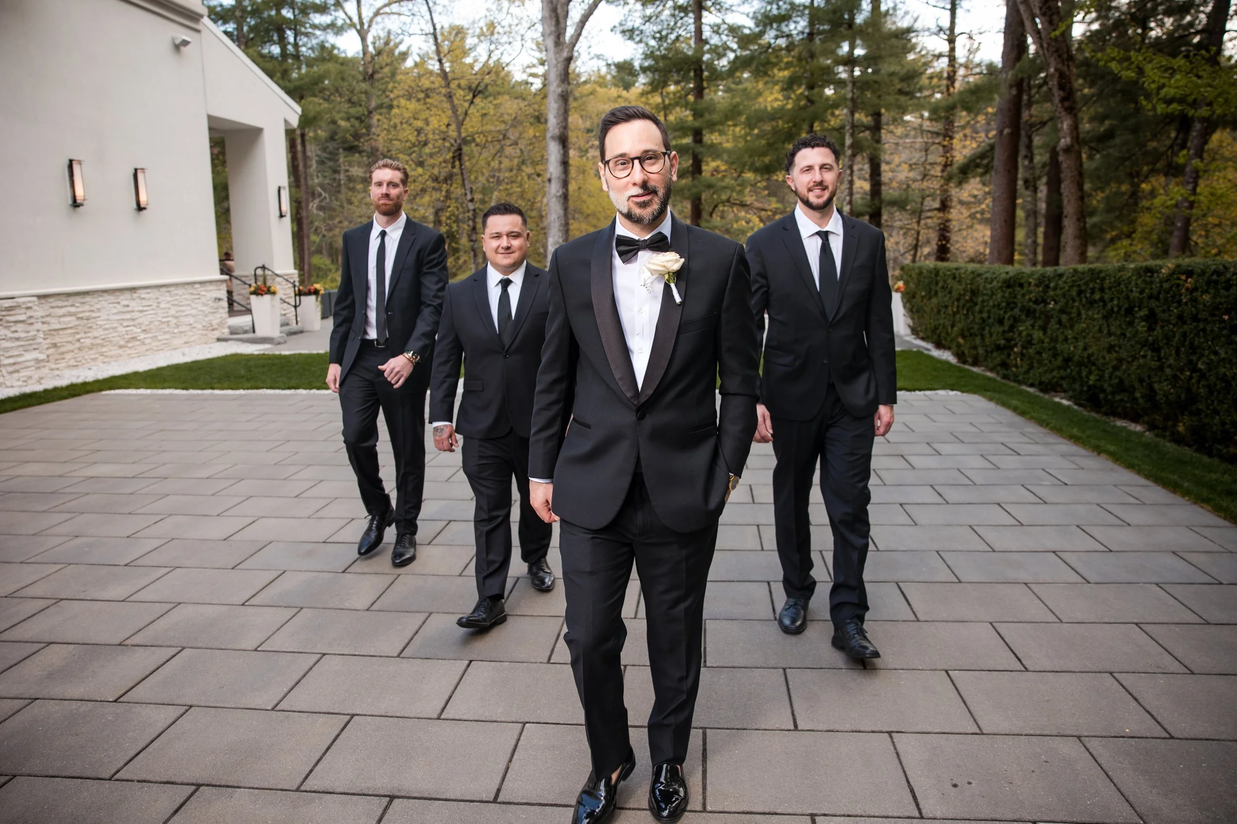 Groomsmen on the stone terrace at Lakeview Pavilion, Foxborough, Massachusetts