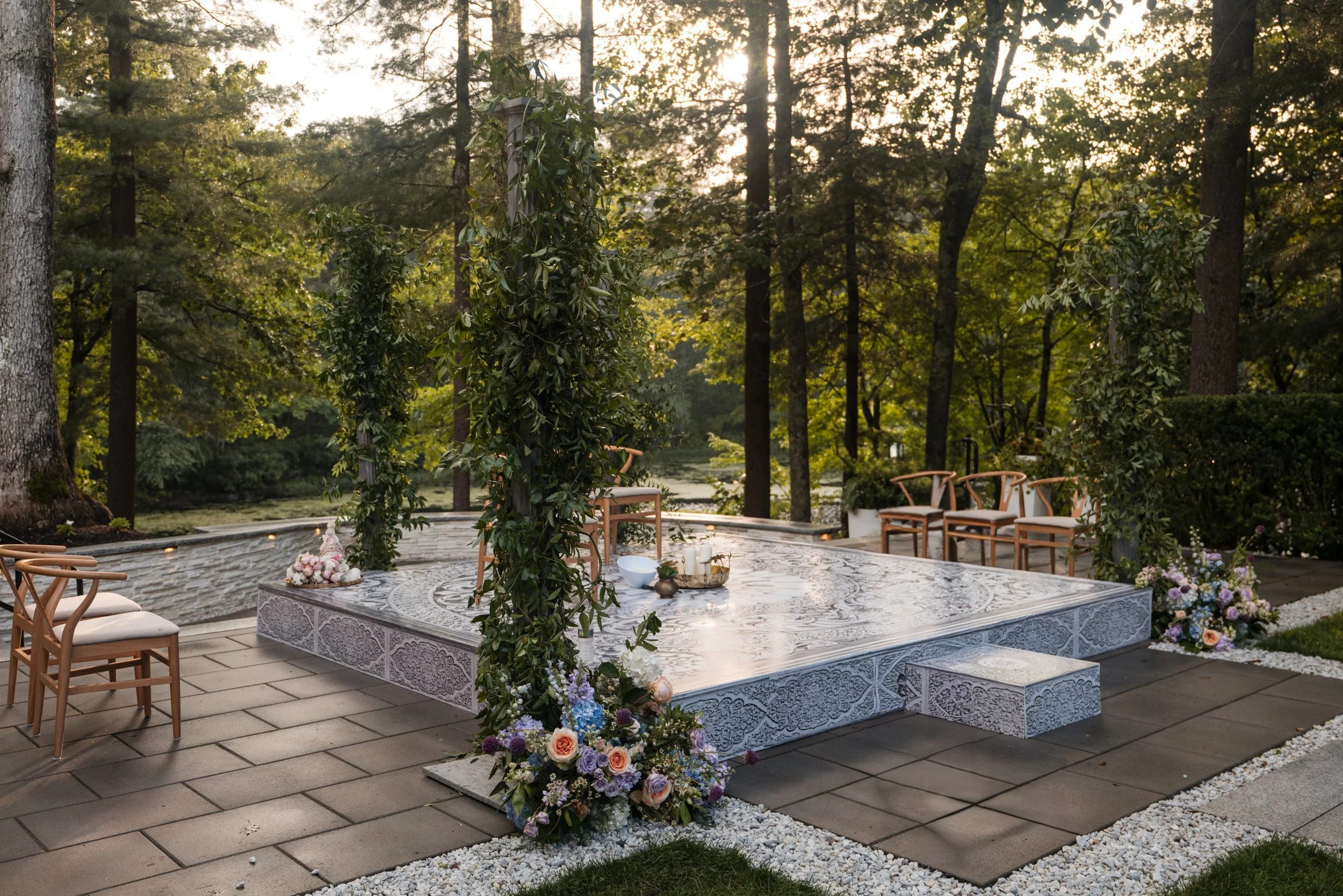 Lakeside ceremony platform on the stone terrace at Lakeview Pavilion, Foxborough, Massachusetts