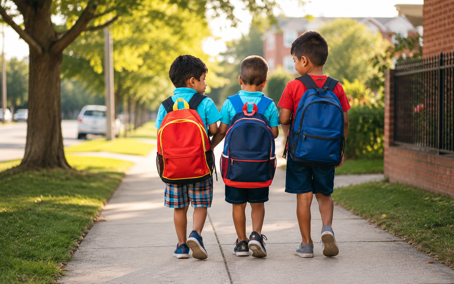 Three children wearing backpacks and walking to school
