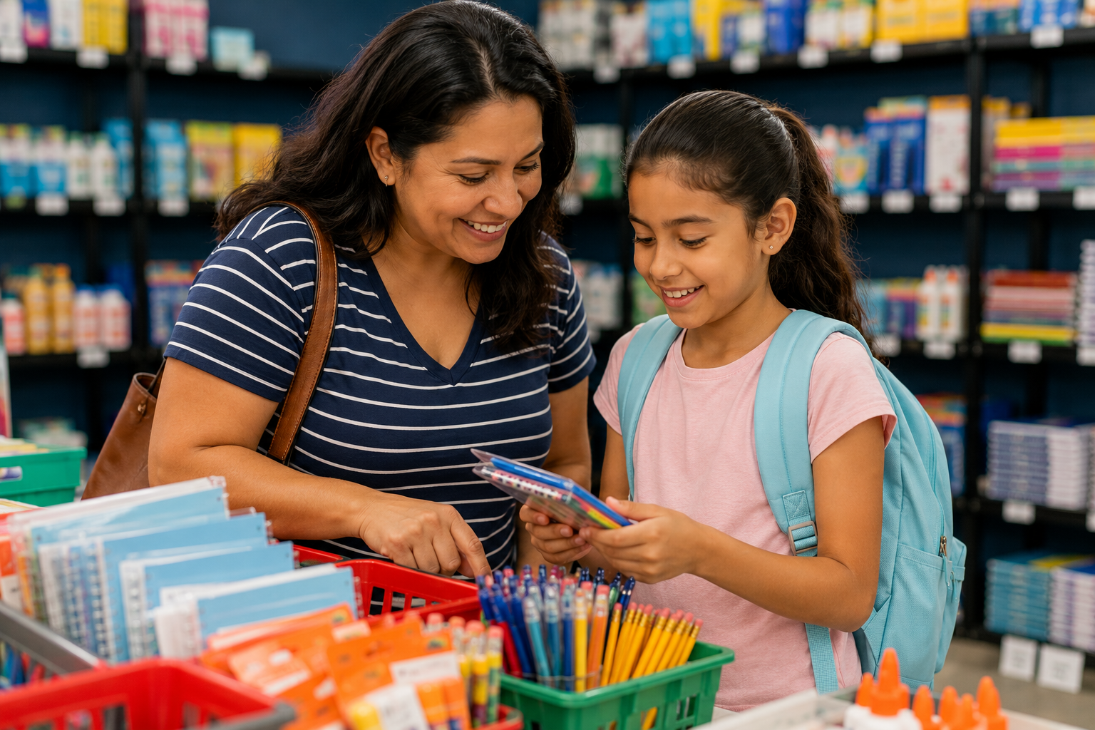 A parent and child choosing school supplies together