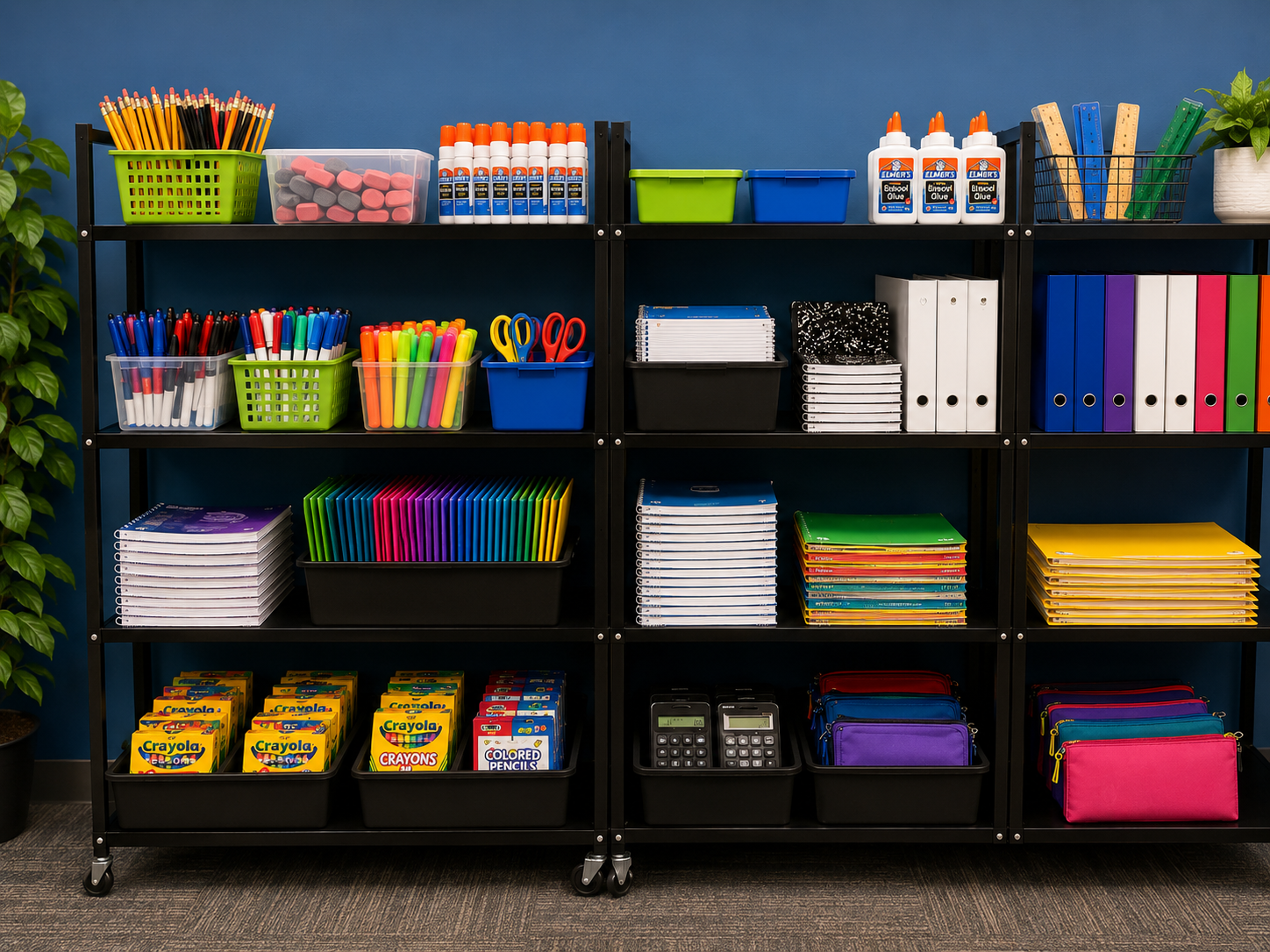 Organized shelves of school supplies